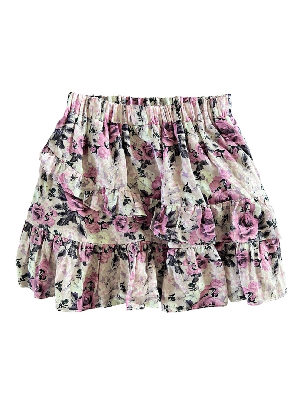 LoveShackFancy Pink Floral Tiered Ruffle Mini Skirt Size Medium